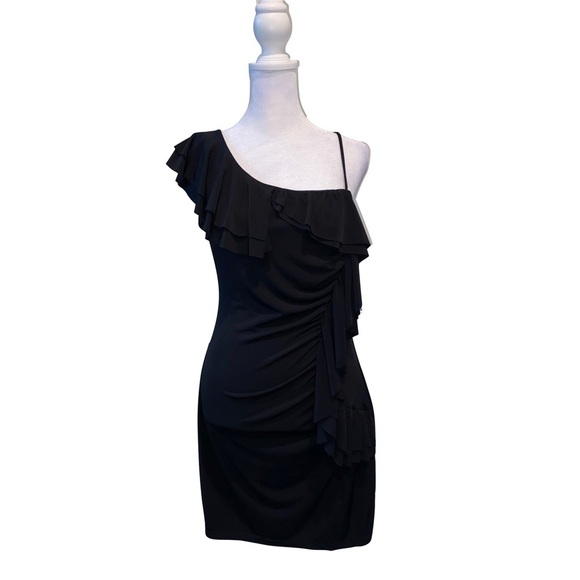 Intermission Elegant Little Black Dress, Cocktail One Shoulder Ruffled Mini Sz 6 - Picture 1 of 8